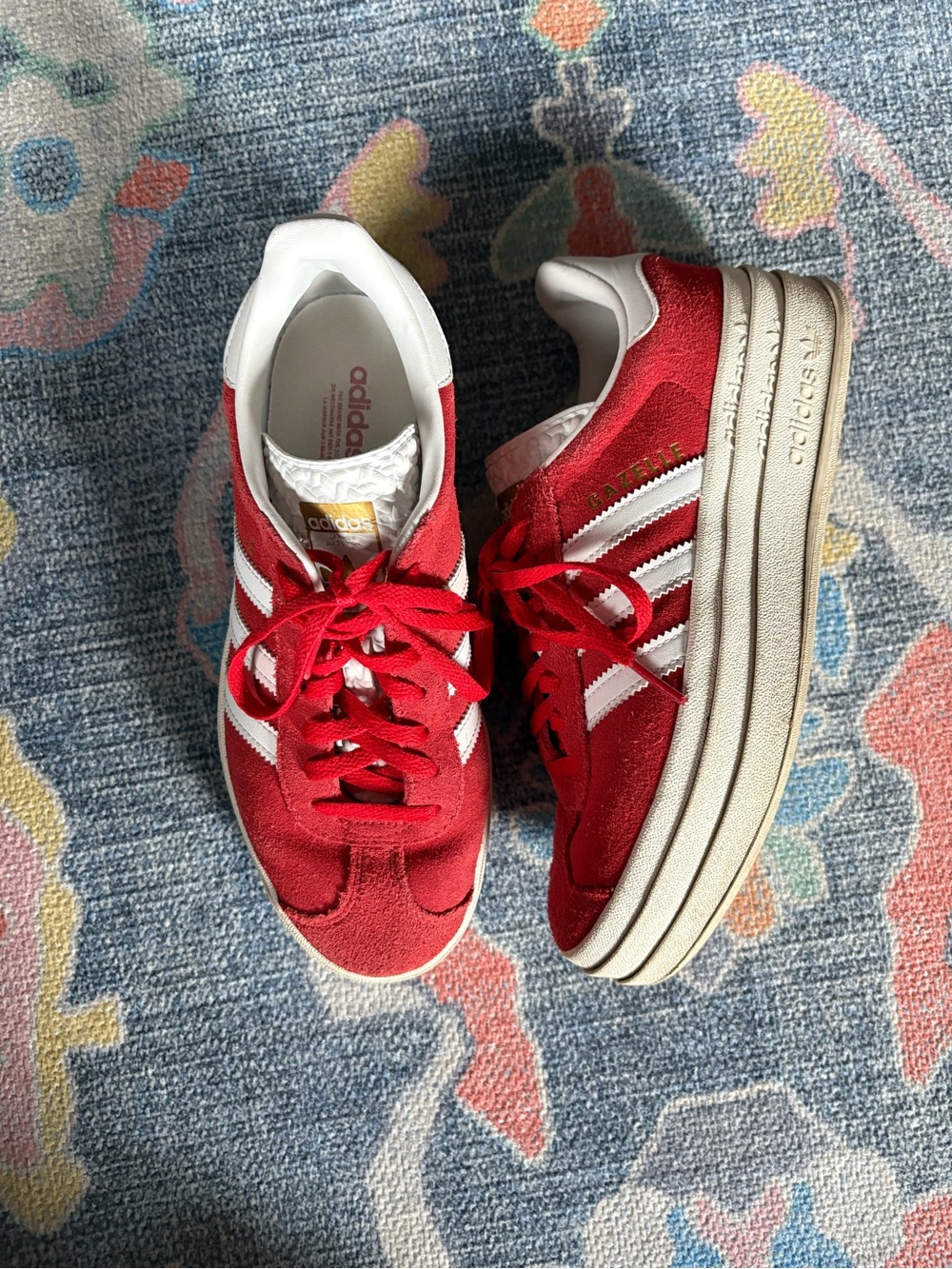Adidas Gazelle Red Platform Sneakers with White Stripes and Cream Sole